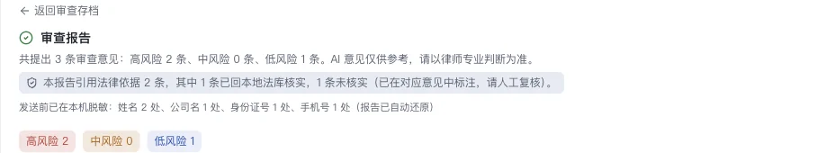 审查报告头部实拍：注明引用法律依据的核实情况，以及发送前已在本机脱敏——姓名 2 处、公司名 1 处、身份证号 1 处、手机号 1 处，报告已自动还原